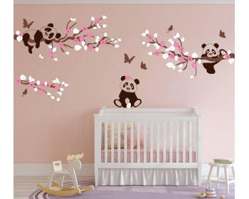 Panda Wall Decals, Tree wall decals with Cherry Blossom Branches and Butterflies Nursery Wall Decal